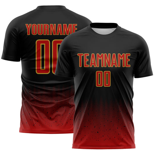 Custom Black Red-Old Gold Fade Wave Lines Splatter Sublimation Soccer Uniform Jersey - Main View