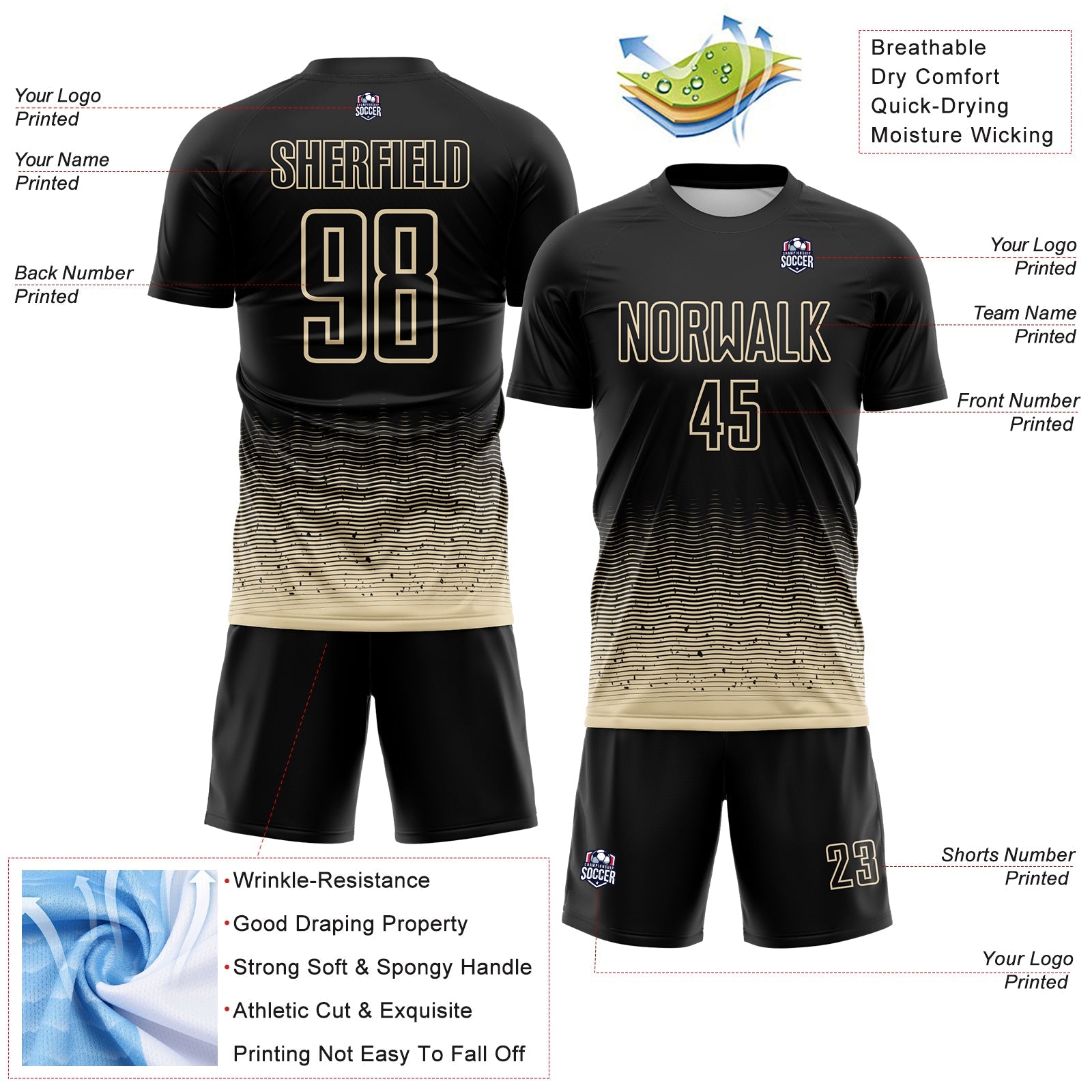 Custom Black-Cream Fade Wave Lines Splatter Sublimation Soccer Uniform Jersey view 4