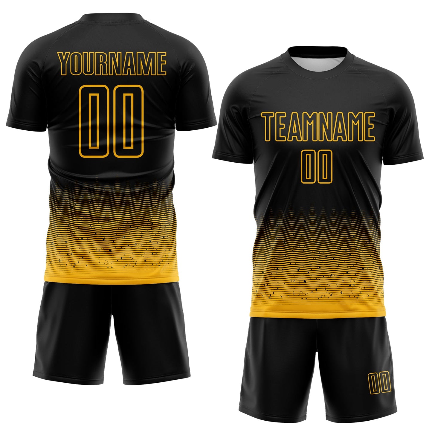 Custom Black-Gold Fade Wave Lines Splatter Sublimation Soccer Uniform Jersey view 2
