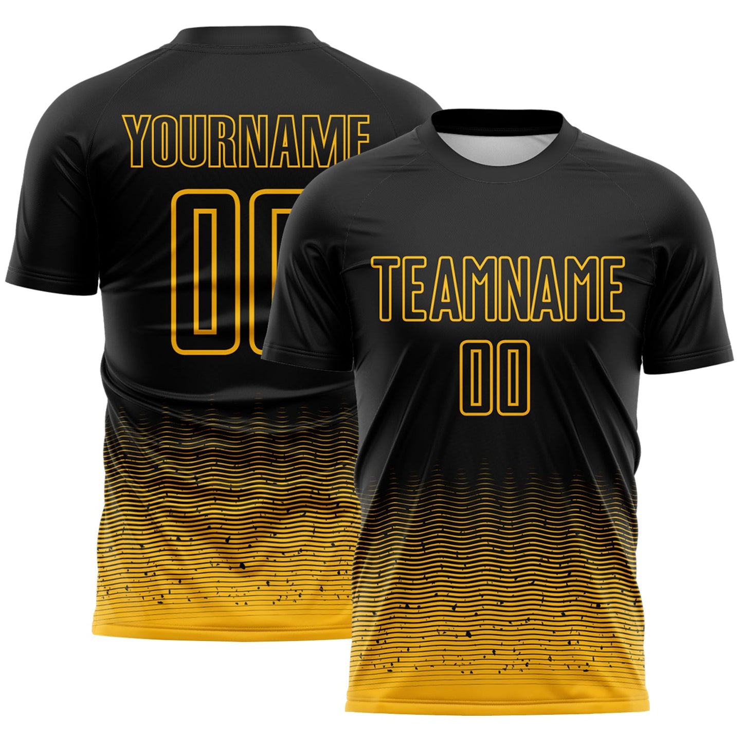 Custom Black-Gold Fade Wave Lines Splatter Sublimation Soccer Uniform Jersey - Main View
