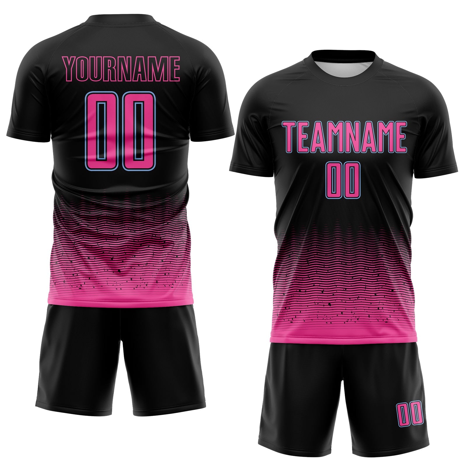Custom Black Pink-Light Blue Fade Wave Lines Splatter Sublimation Soccer Uniform Jersey view 2