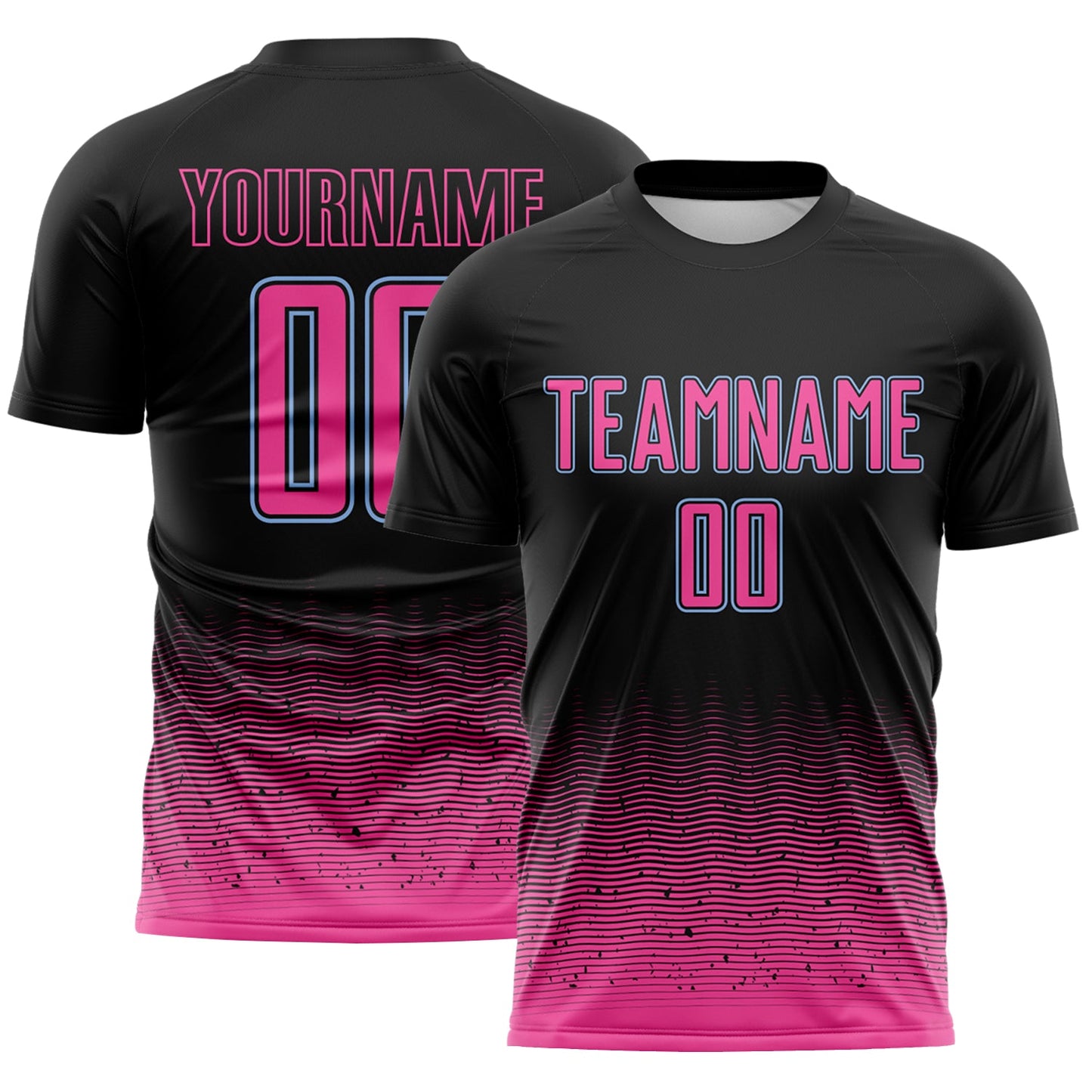Custom Black Pink-Light Blue Fade Wave Lines Splatter Sublimation Soccer Uniform Jersey - Main View
