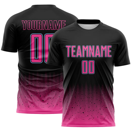 Custom Black Pink-Light Blue Fade Wave Lines Splatter Sublimation Soccer Uniform Jersey - Main View