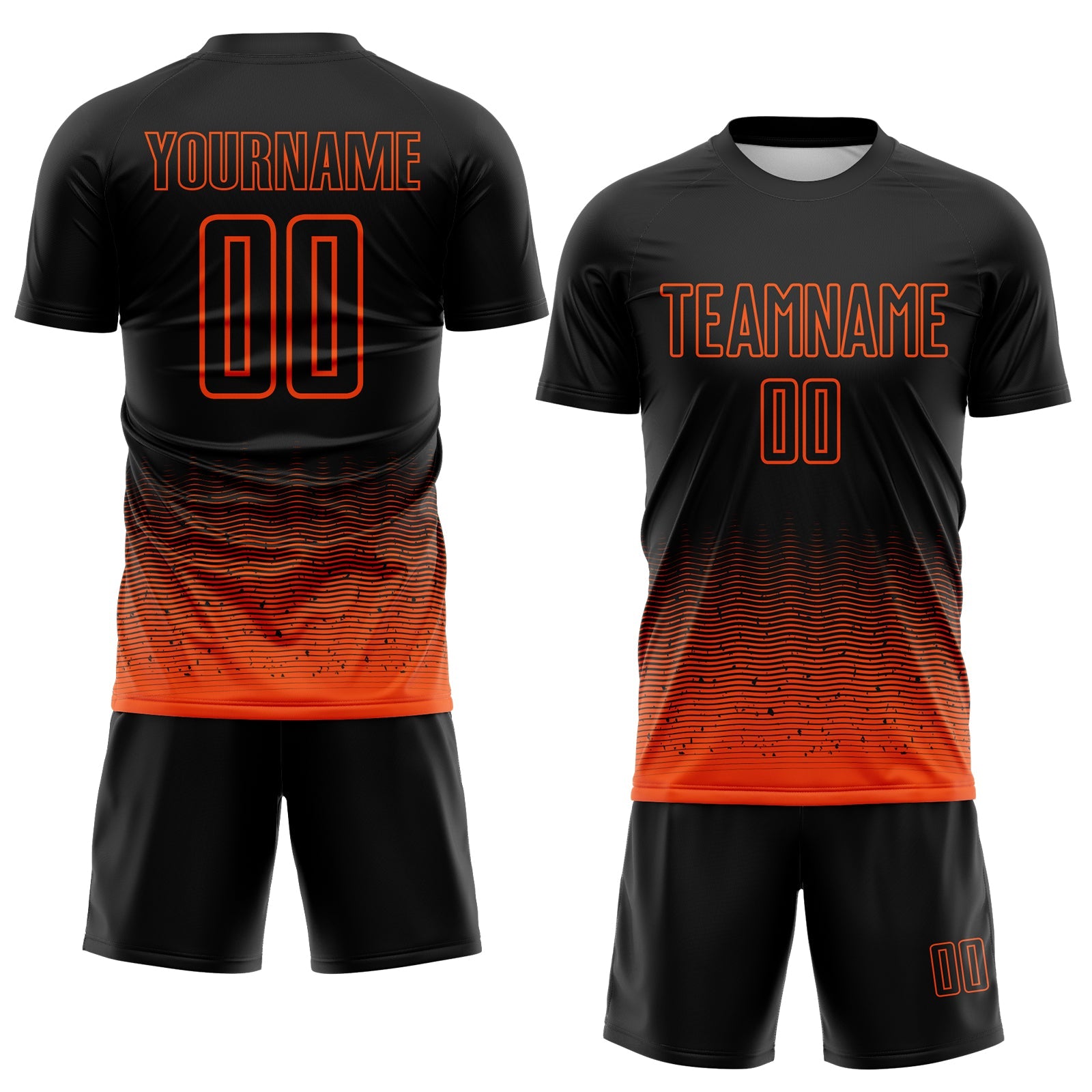 Custom Black-Orange Fade Wave Lines Splatter Sublimation Soccer Uniform Jersey view 2