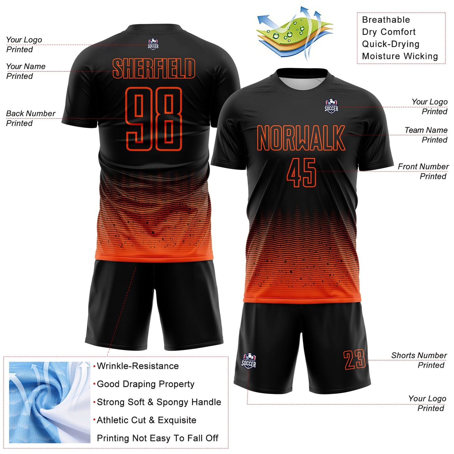 Custom Black-Orange Fade Wave Lines Splatter Sublimation Soccer Uniform Jersey view 4
