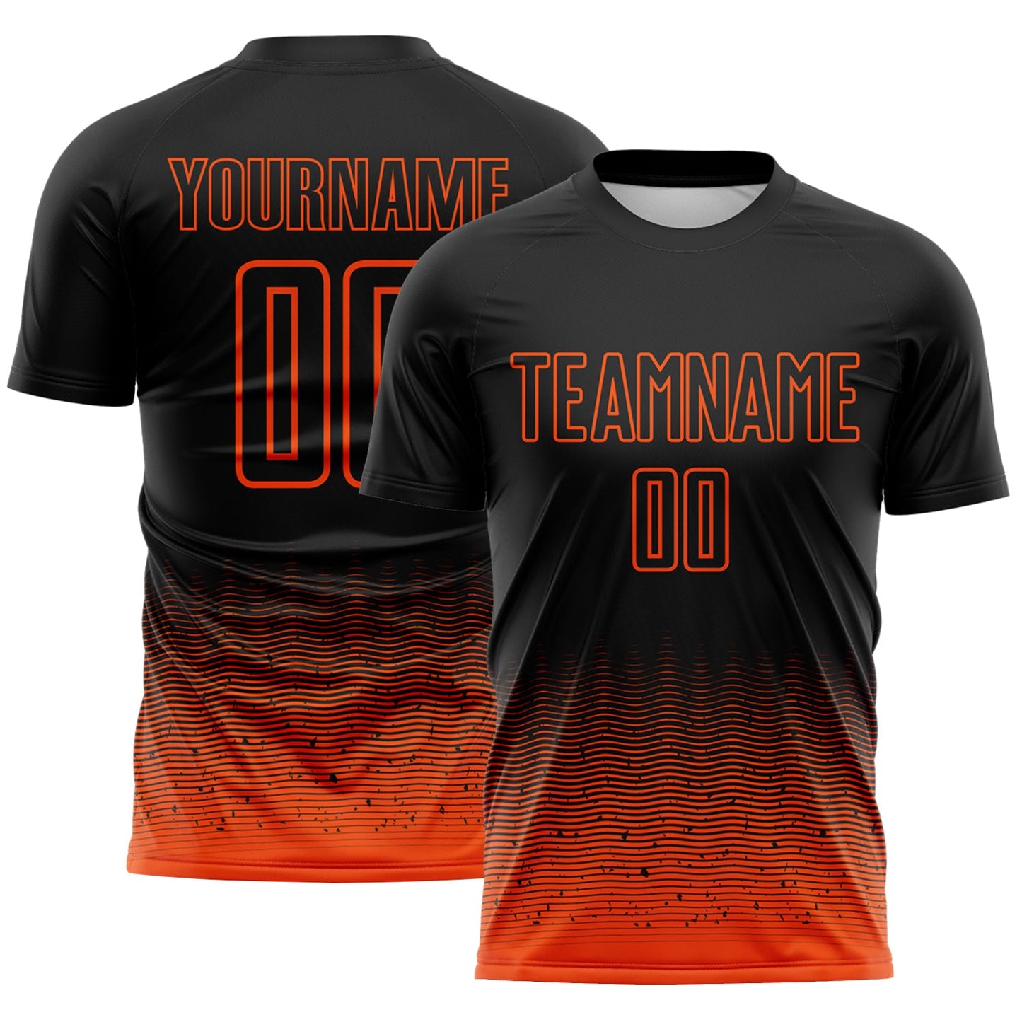 Custom Black-Orange Fade Wave Lines Splatter Sublimation Soccer Uniform Jersey - Main View