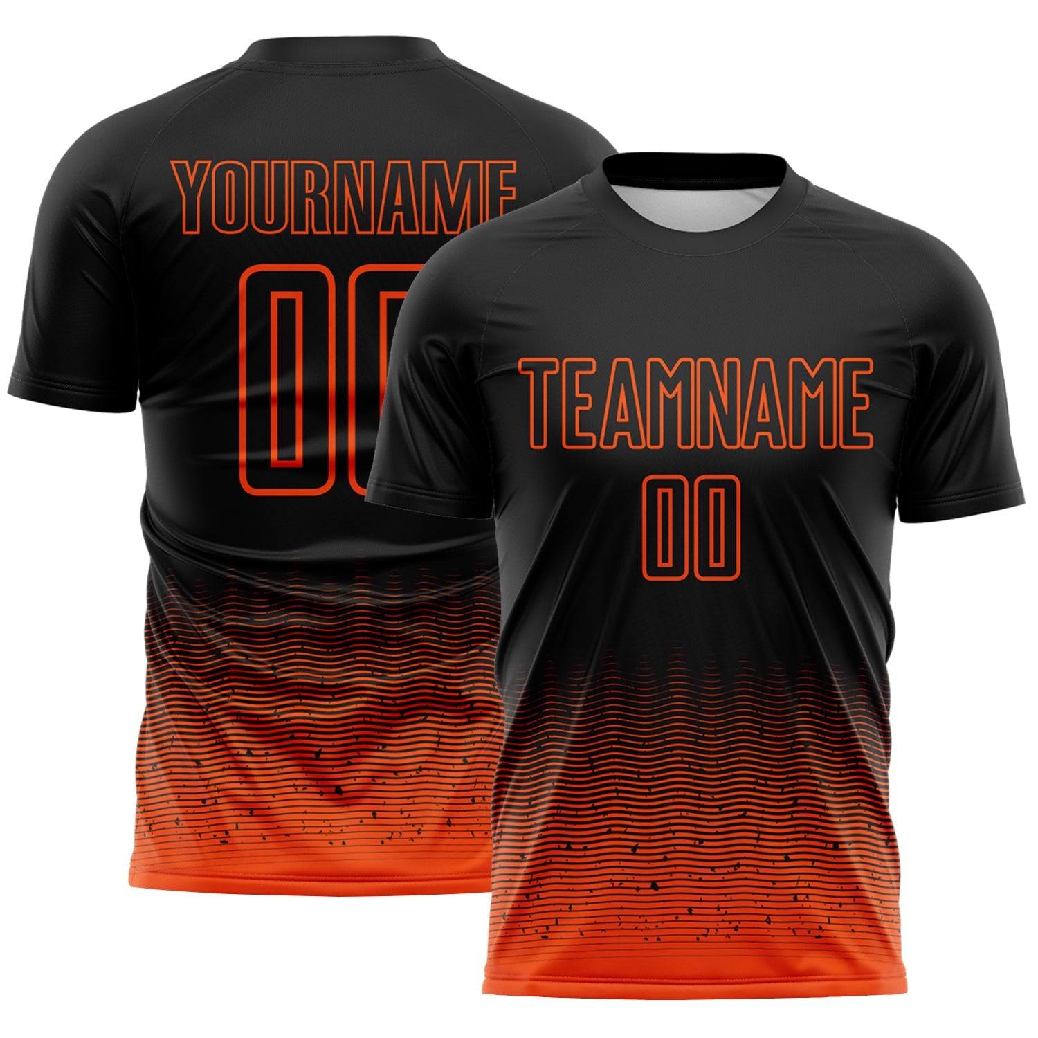 Custom Black-Orange Fade Wave Lines Splatter Sublimation Soccer Uniform Jersey - Main View