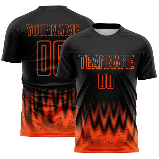 Custom Black-Orange Fade Wave Lines Splatter Sublimation Soccer Uniform Jersey - Main View