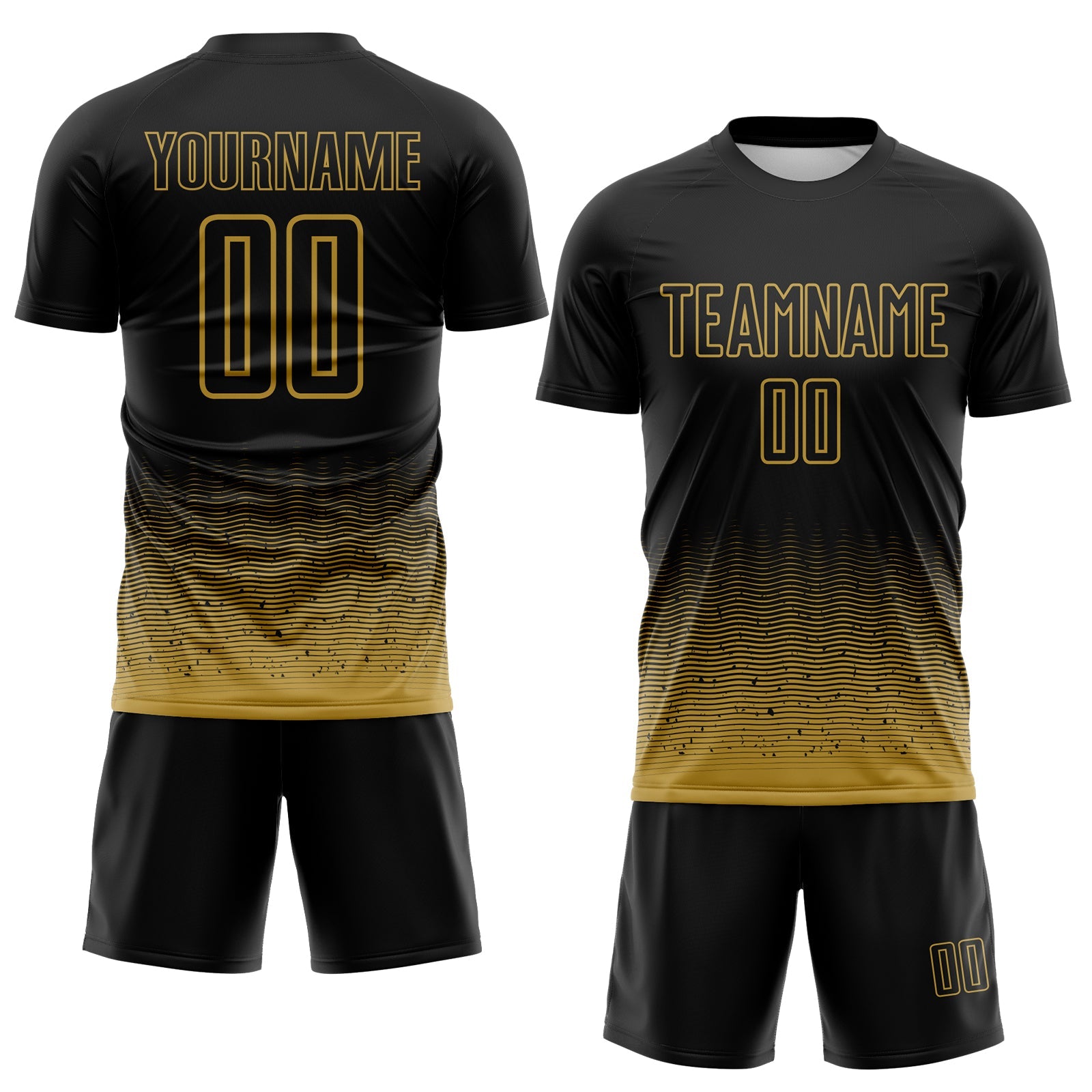 Custom Black-Old Gold Fade Wave Lines Splatter Sublimation Soccer Uniform Jersey view 2