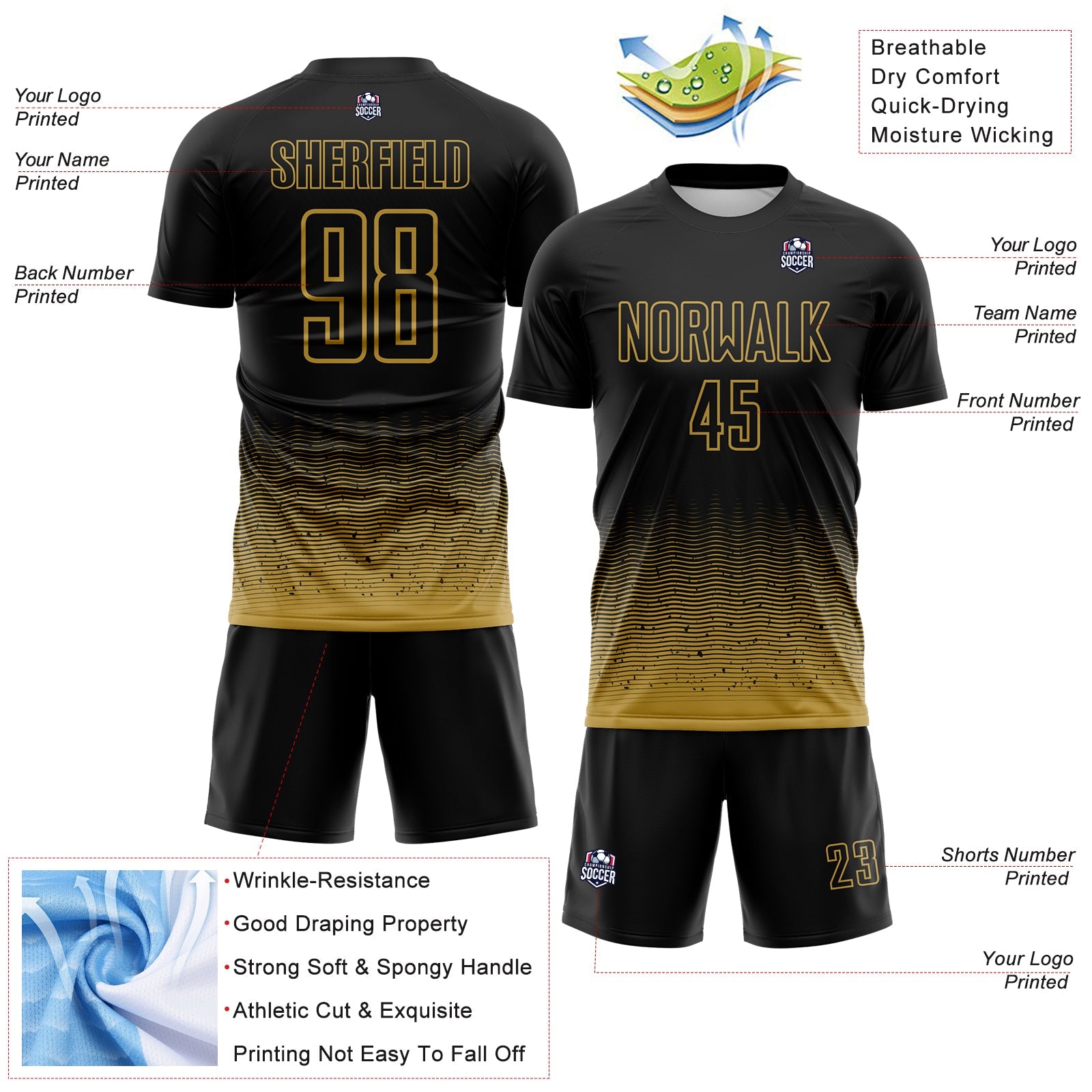 Custom Black-Old Gold Fade Wave Lines Splatter Sublimation Soccer Uniform Jersey view 4