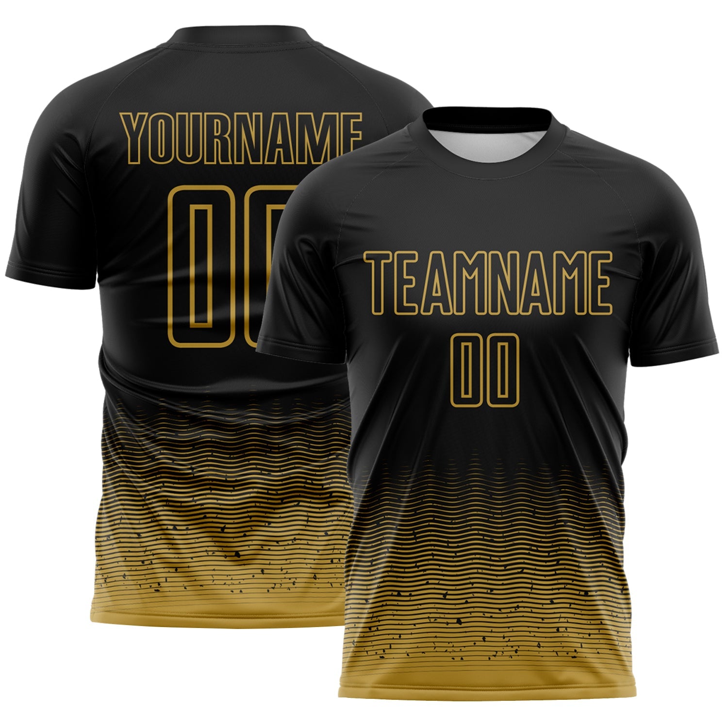Custom Black-Old Gold Fade Wave Lines Splatter Sublimation Soccer Uniform Jersey - Main View