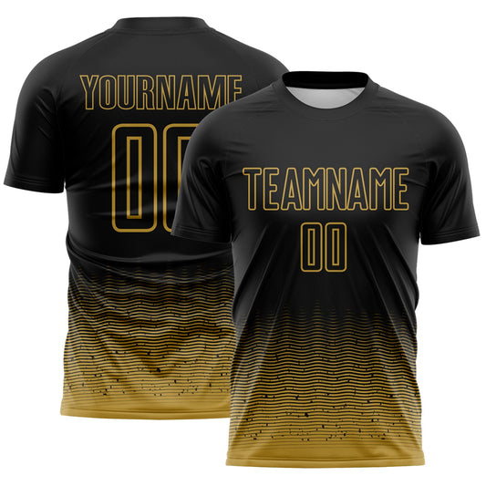 Custom Black-Old Gold Fade Wave Lines Splatter Sublimation Soccer Uniform Jersey - Main View