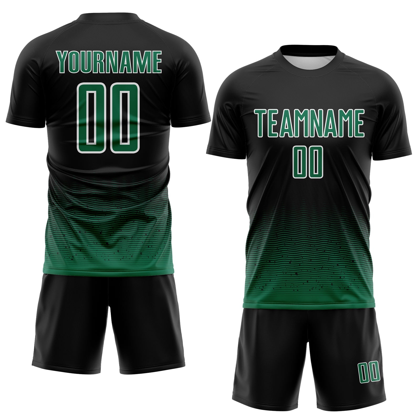 Custom Black Kelly Green-White Fade Wave Lines Splatter Sublimation Soccer Uniform Jersey view 2