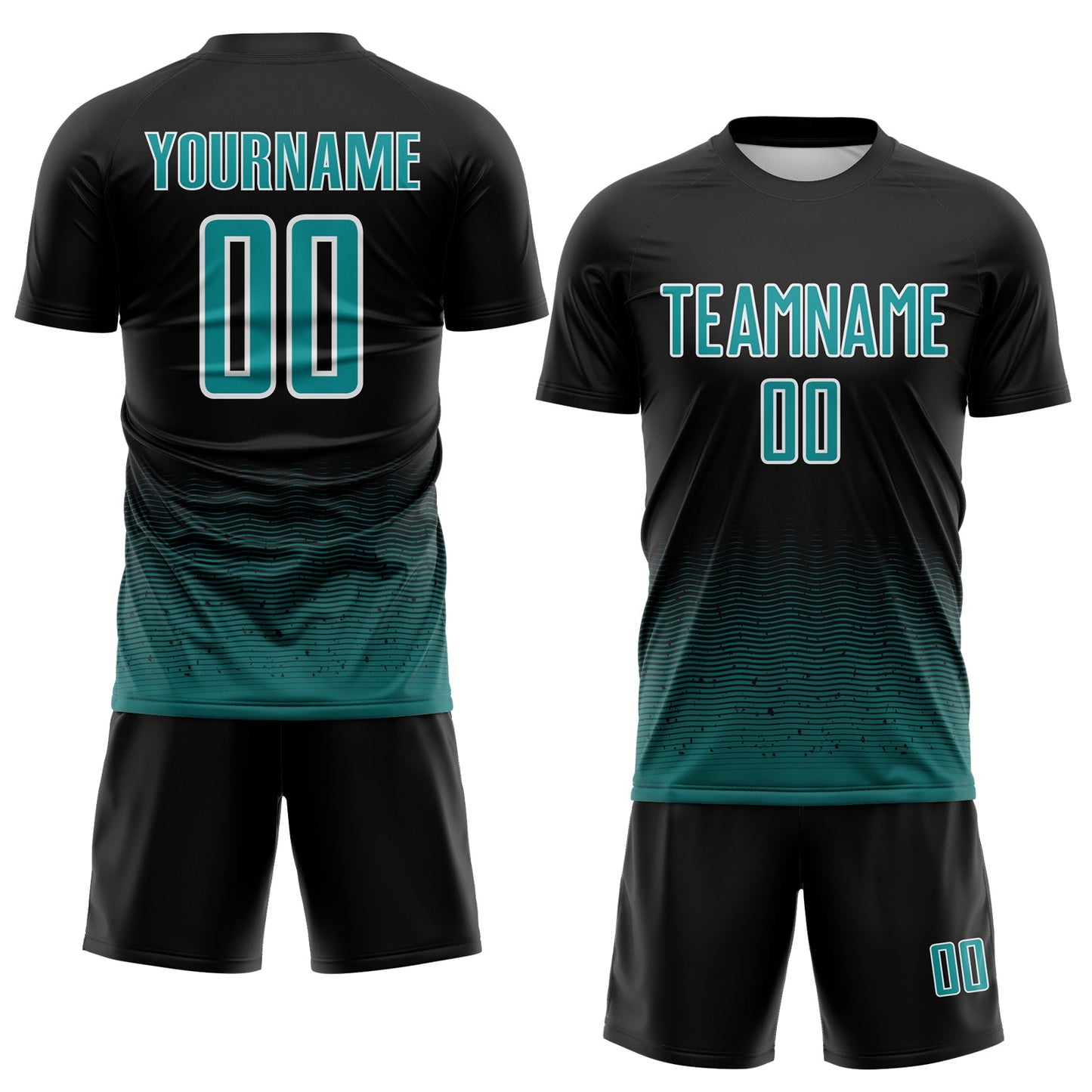 Custom Black Teal-White Fade Wave Lines Splatter Sublimation Soccer Uniform Jersey view 2