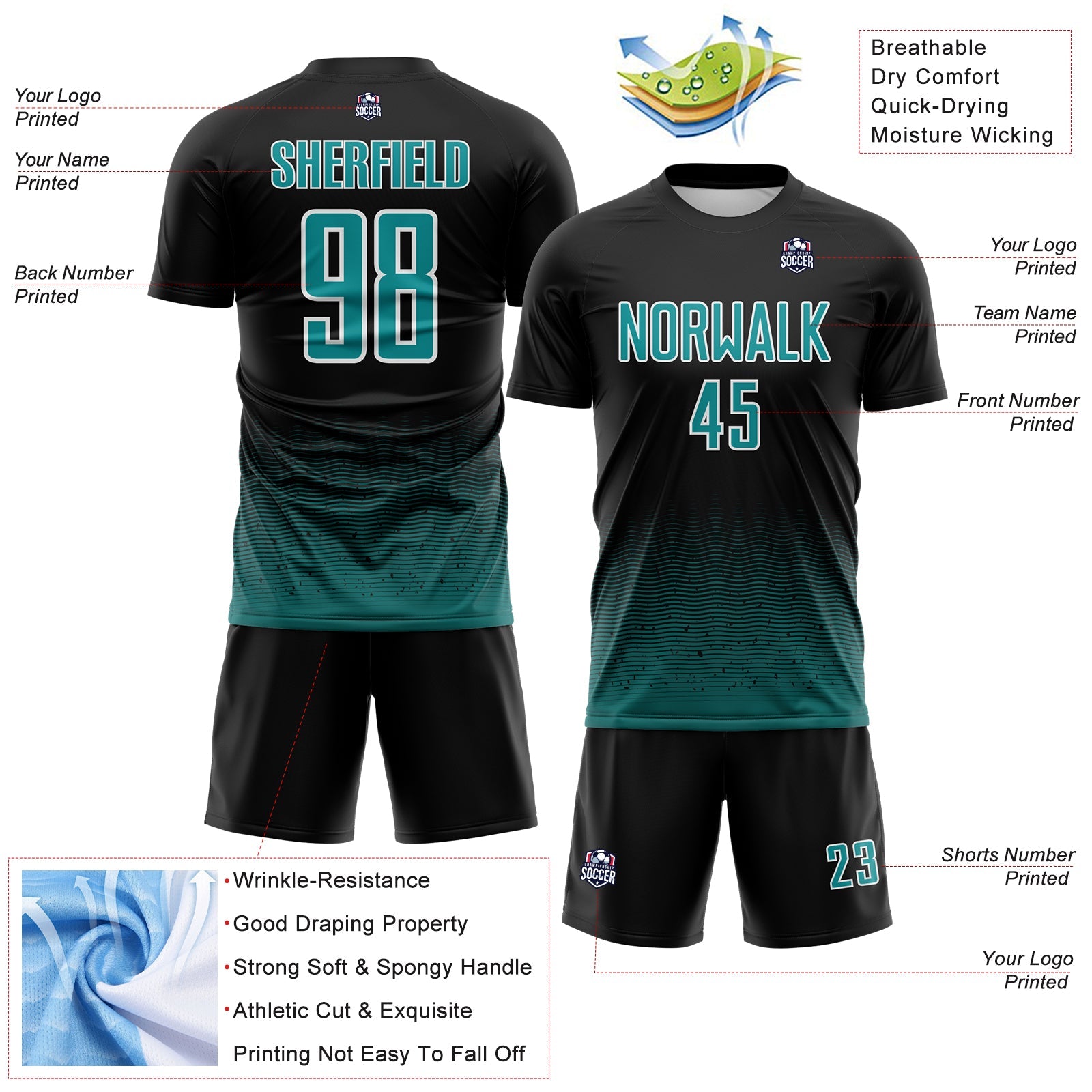 Custom Black Teal-White Fade Wave Lines Splatter Sublimation Soccer Uniform Jersey view 4
