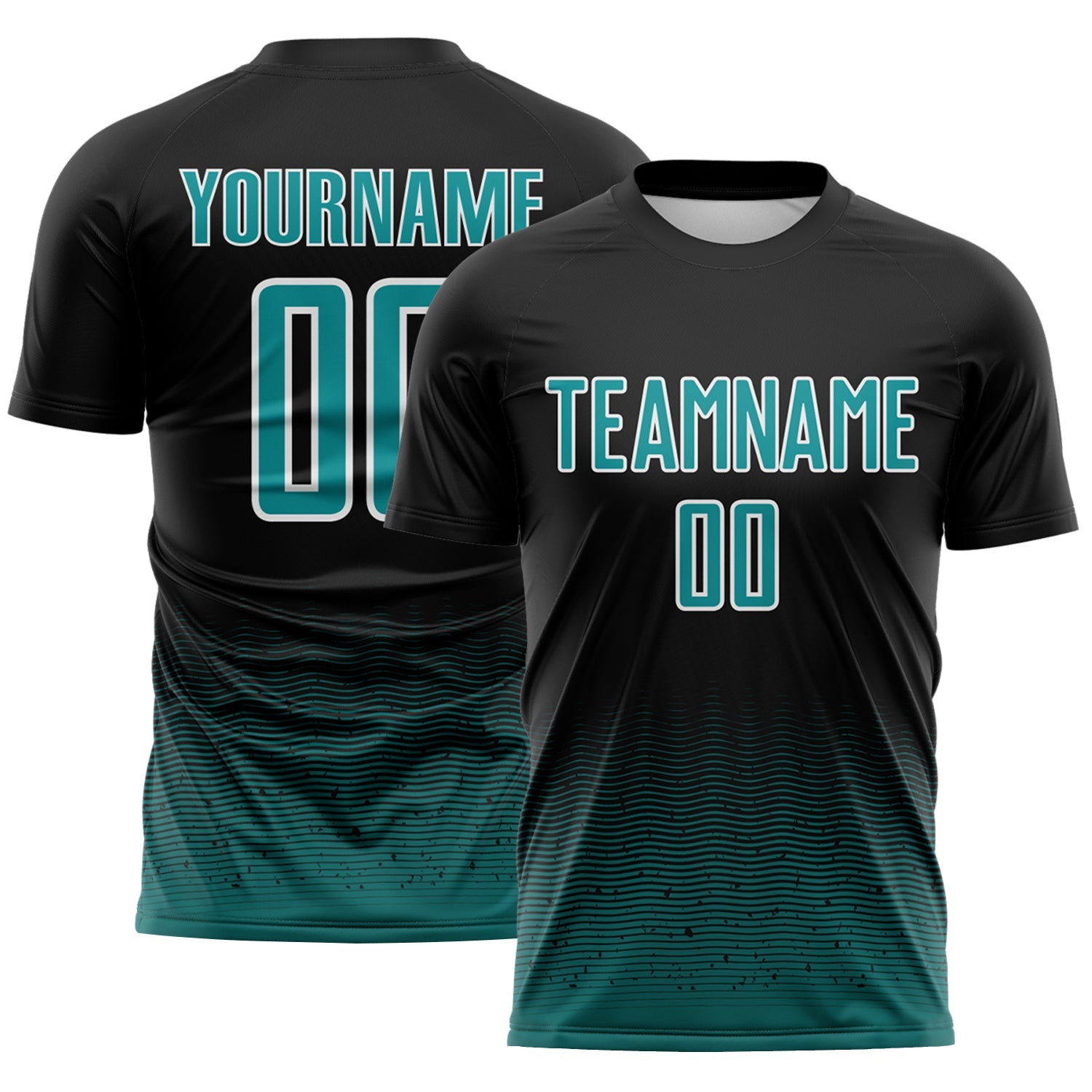 Custom Black Teal-White Fade Wave Lines Splatter Sublimation Soccer Uniform Jersey - Main View