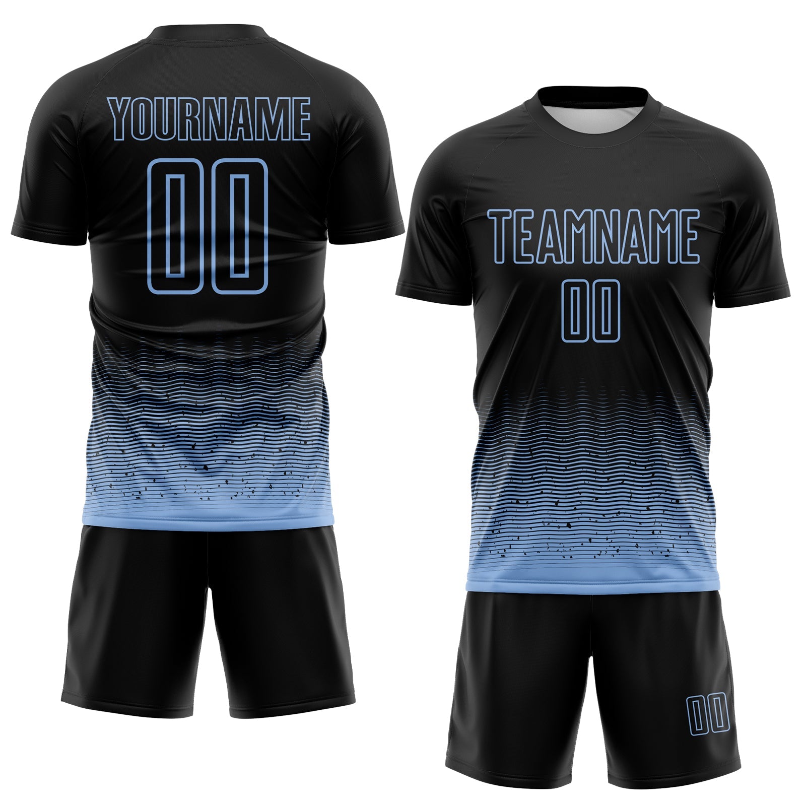 Custom Black-Light Blue Fade Wave Lines Splatter Sublimation Soccer Uniform Jersey view 2