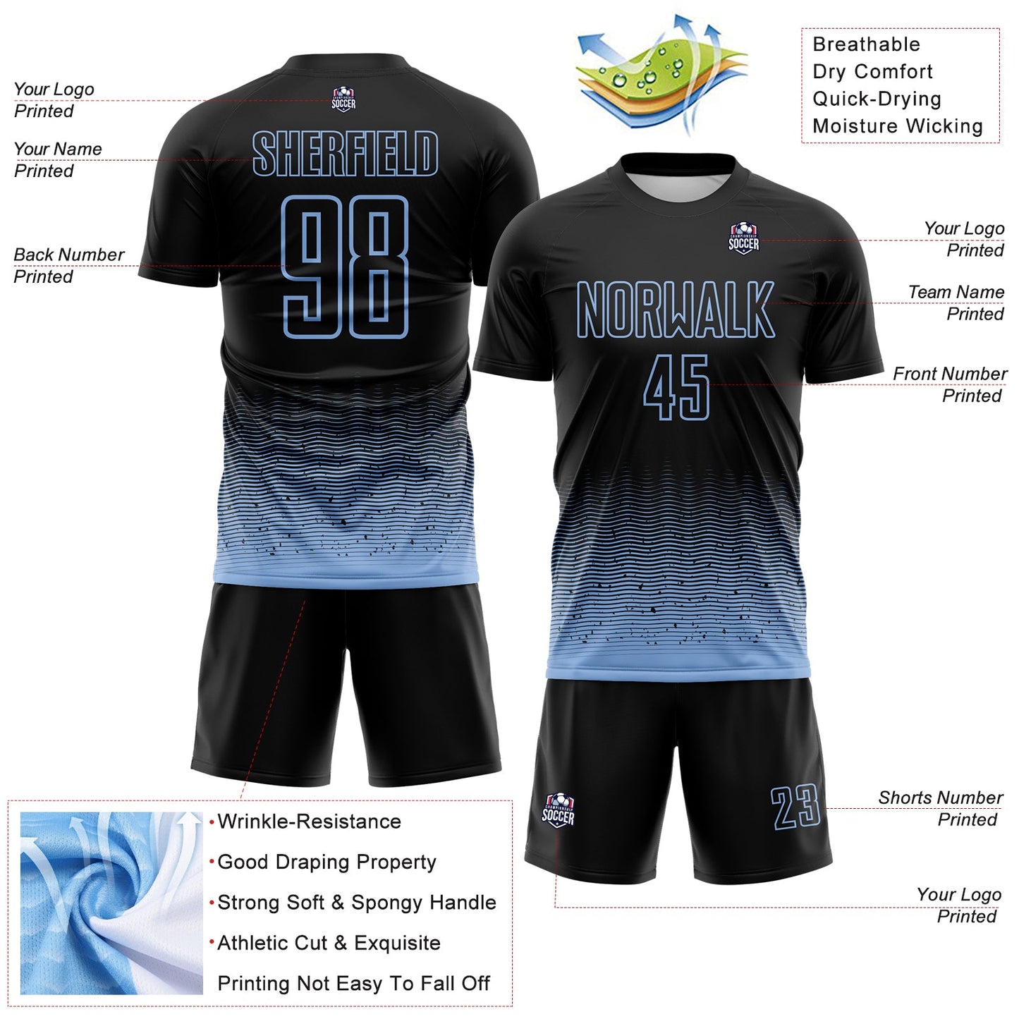 Custom Black-Light Blue Fade Wave Lines Splatter Sublimation Soccer Uniform Jersey view 4