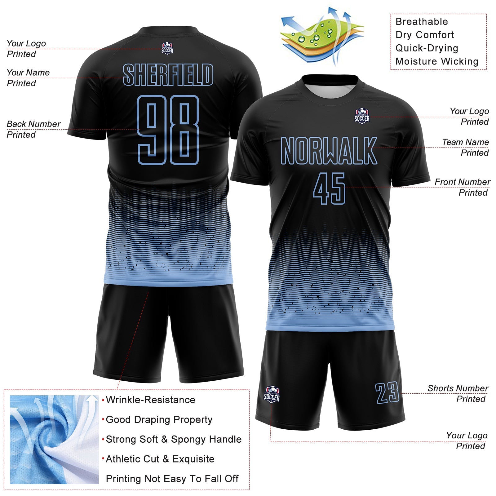 Custom Black-Light Blue Fade Wave Lines Splatter Sublimation Soccer Uniform Jersey view 4