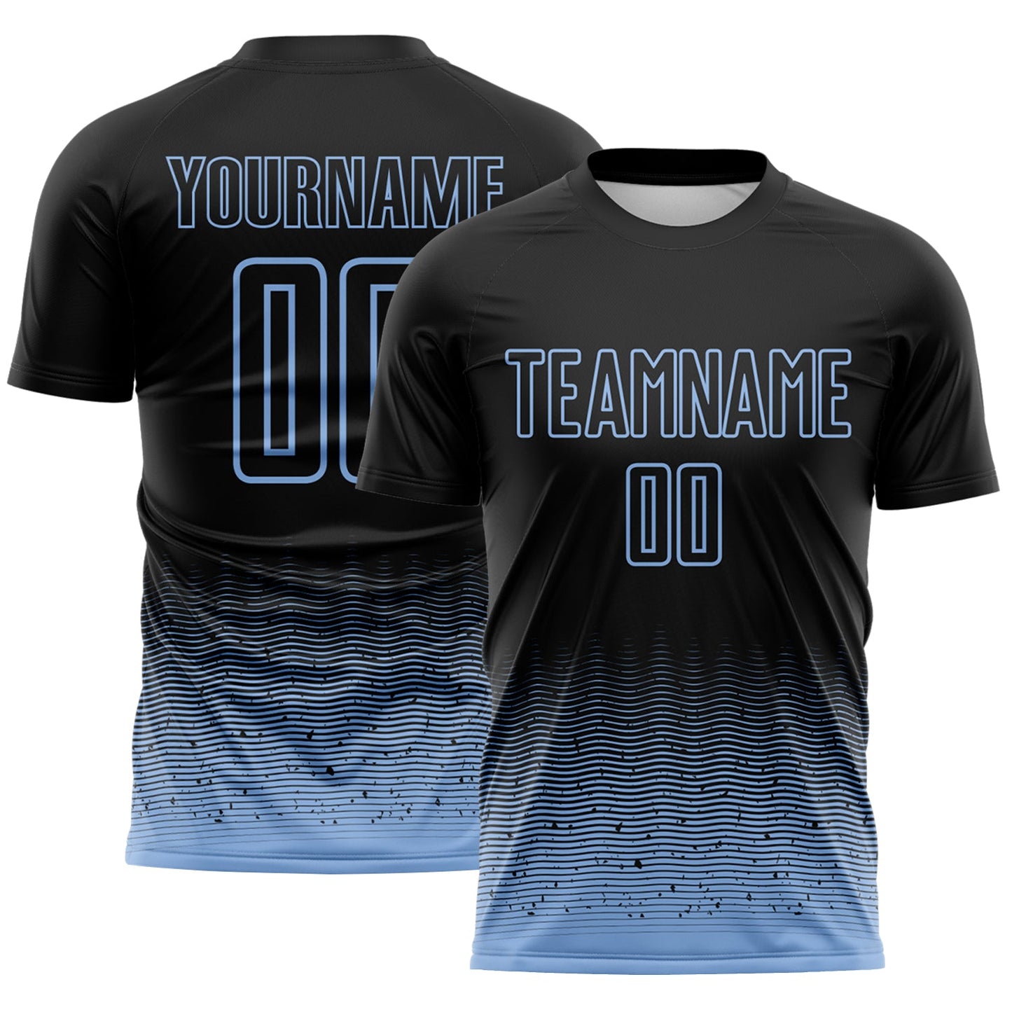 Custom Black-Light Blue Fade Wave Lines Splatter Sublimation Soccer Uniform Jersey - Main View