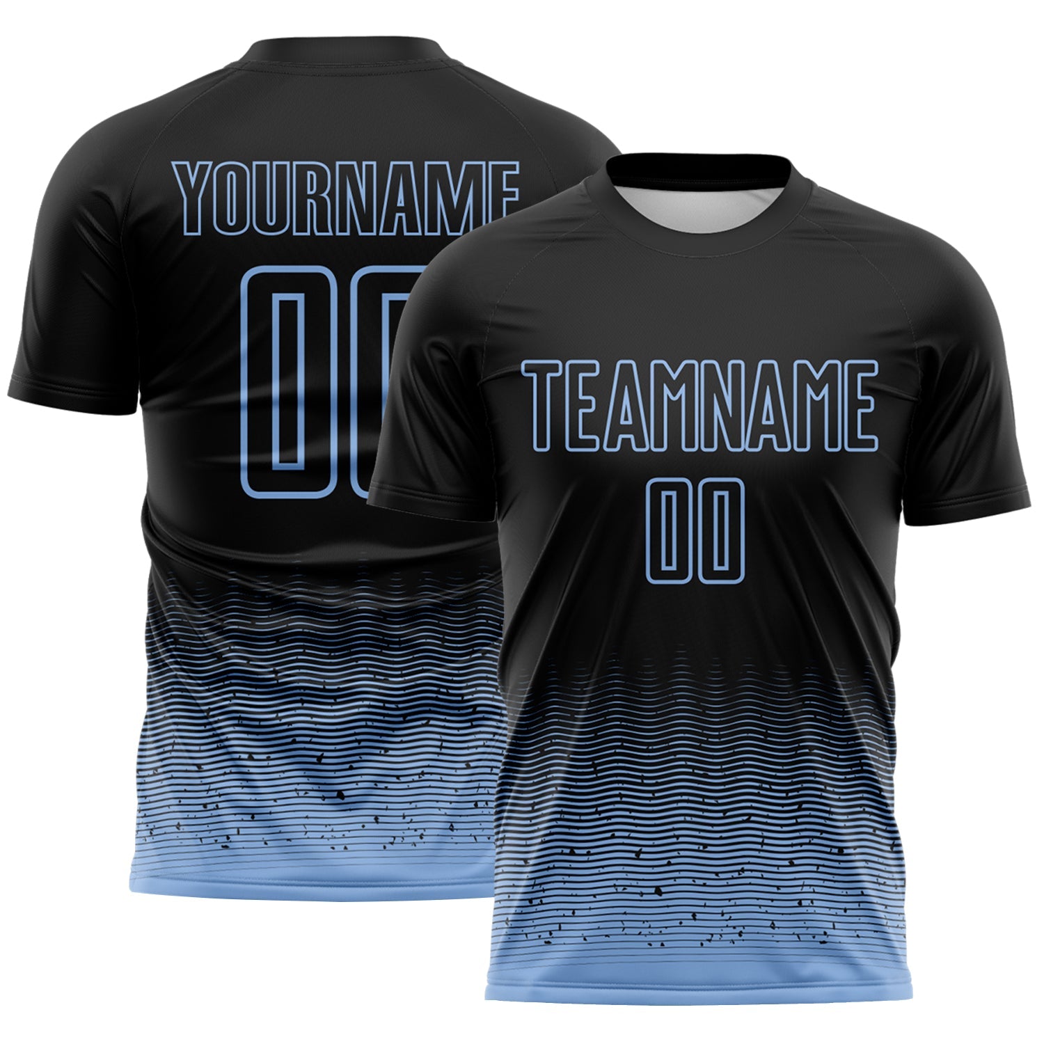 Custom Black-Light Blue Fade Wave Lines Splatter Sublimation Soccer Uniform Jersey - Main View