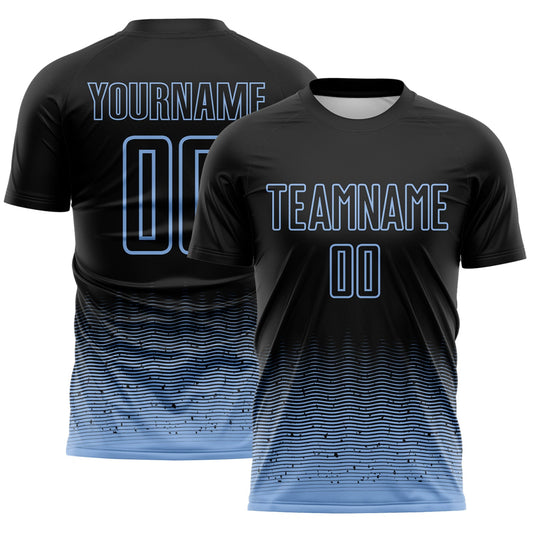 Custom Black-Light Blue Fade Wave Lines Splatter Sublimation Soccer Uniform Jersey - Main View