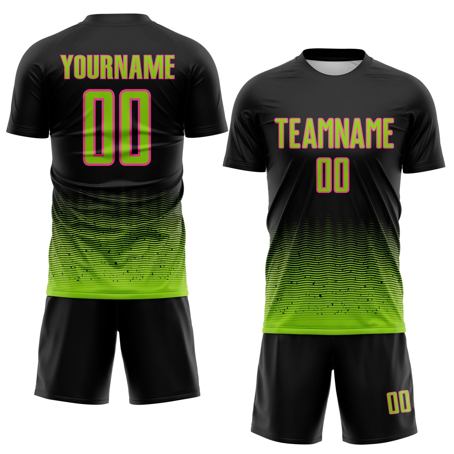 Custom Black Neon Green-Pink Fade Wave Lines Splatter Sublimation Soccer Uniform Jersey view 2