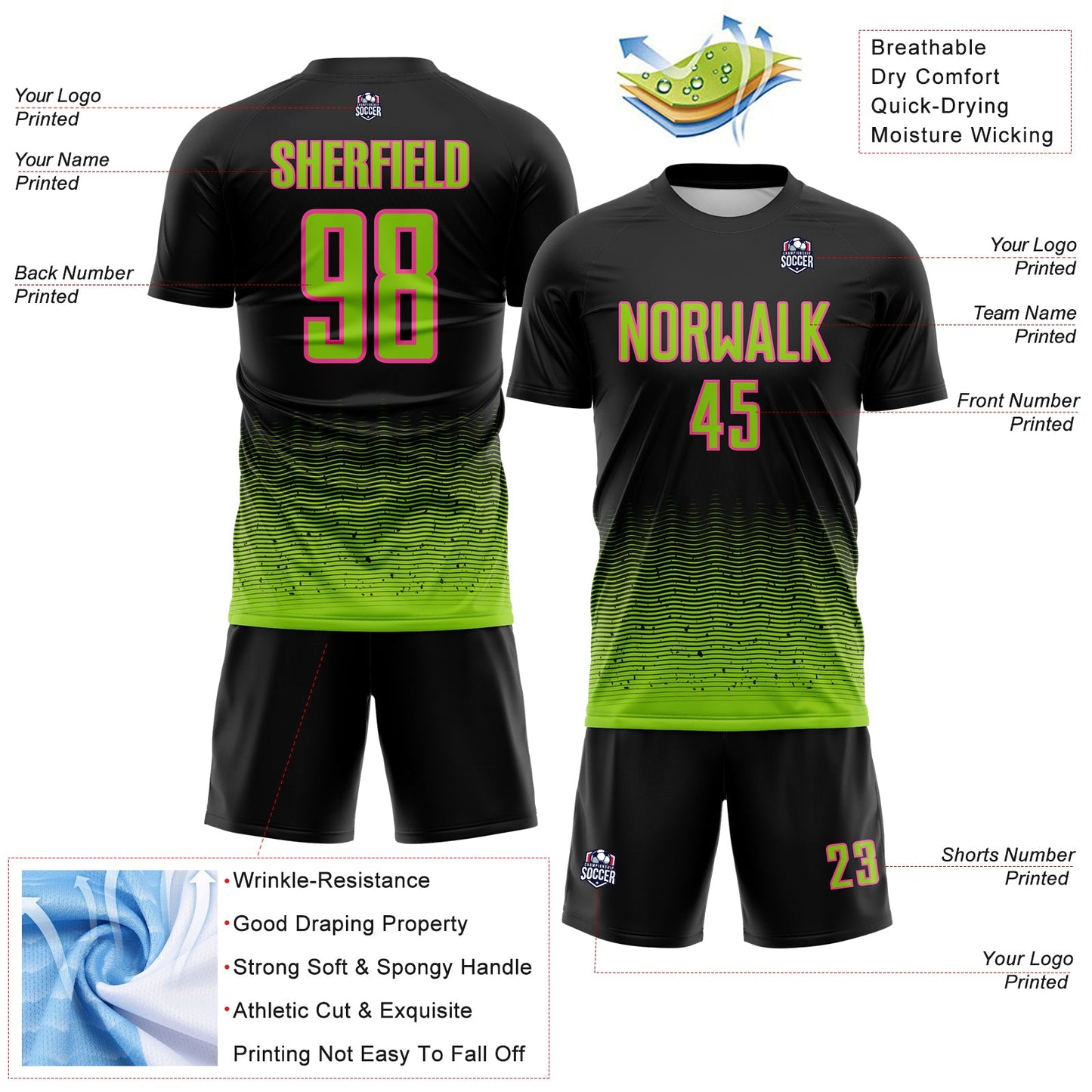 Custom Black Neon Green-Pink Fade Wave Lines Splatter Sublimation Soccer Uniform Jersey view 4