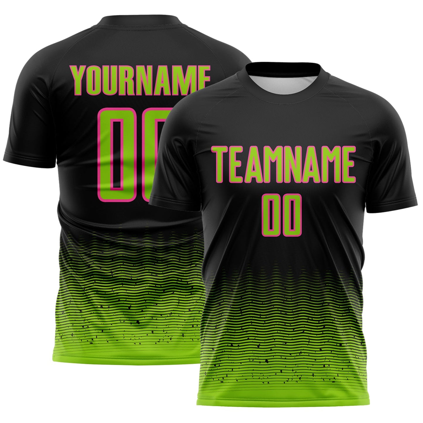 Custom Black Neon Green-Pink Fade Wave Lines Splatter Sublimation Soccer Uniform Jersey - Main View