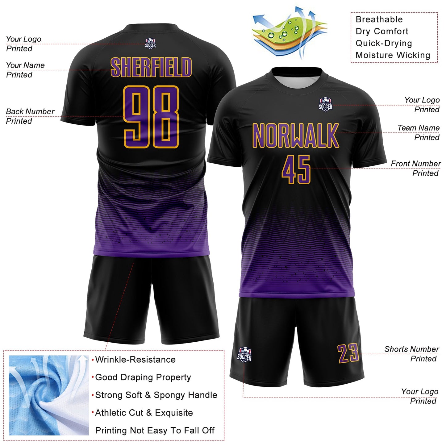 Custom Black Purple-Gold Fade Wave Lines Splatter Sublimation Soccer Uniform Jersey view 4