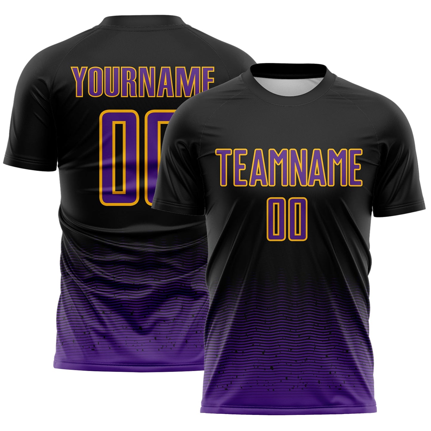 Custom Black Purple-Gold Fade Wave Lines Splatter Sublimation Soccer Uniform Jersey - Main View