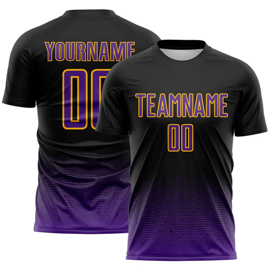 Custom Black Purple-Gold Fade Wave Lines Splatter Sublimation Soccer Uniform Jersey - Main View