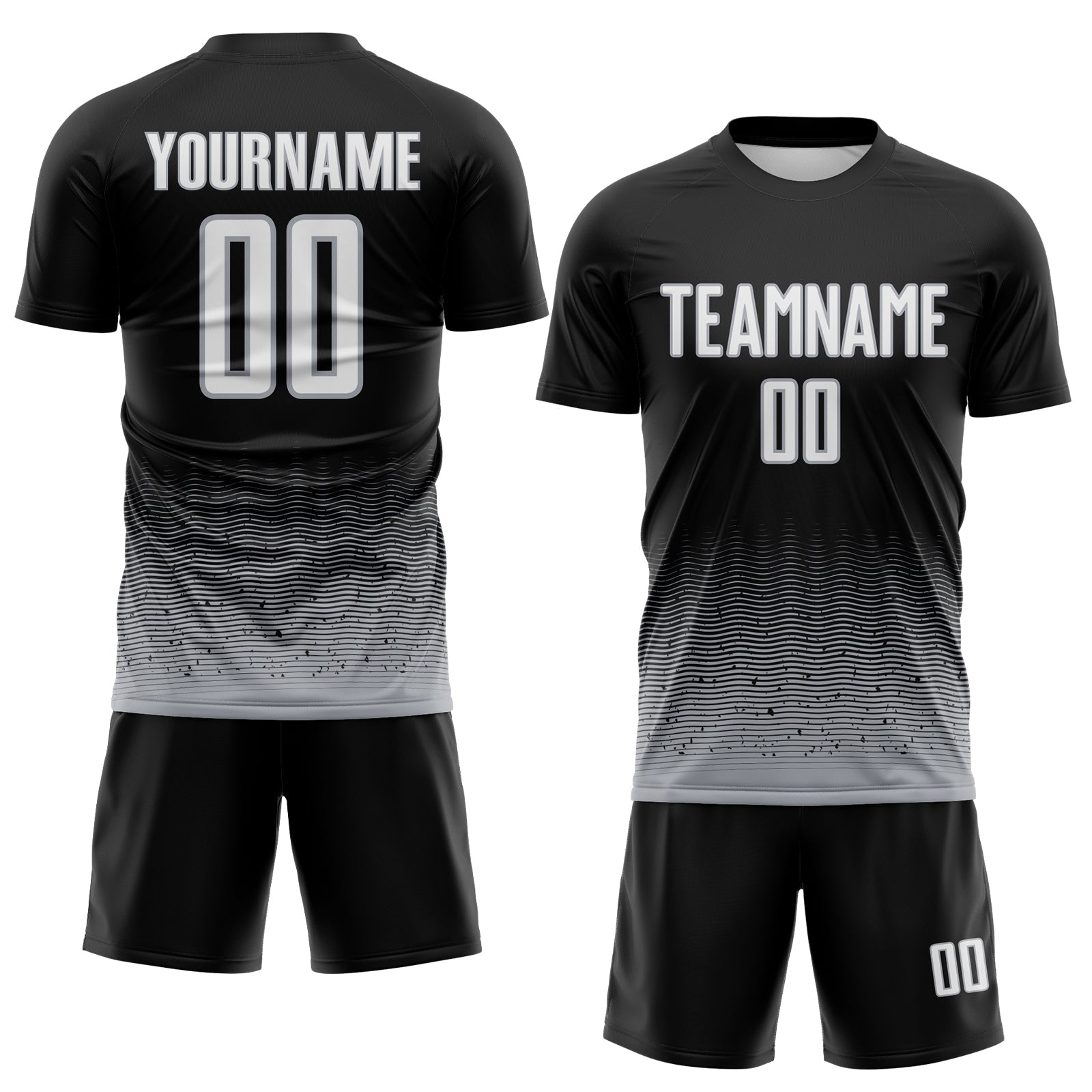 Custom Black White-Gray Fade Wave Lines Splatter Sublimation Soccer Uniform Jersey view 2