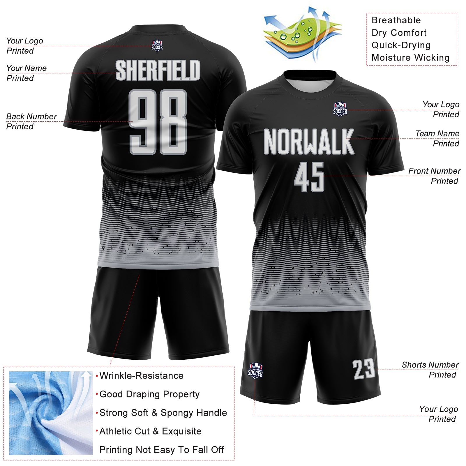 Custom Black White-Gray Fade Wave Lines Splatter Sublimation Soccer Uniform Jersey view 4