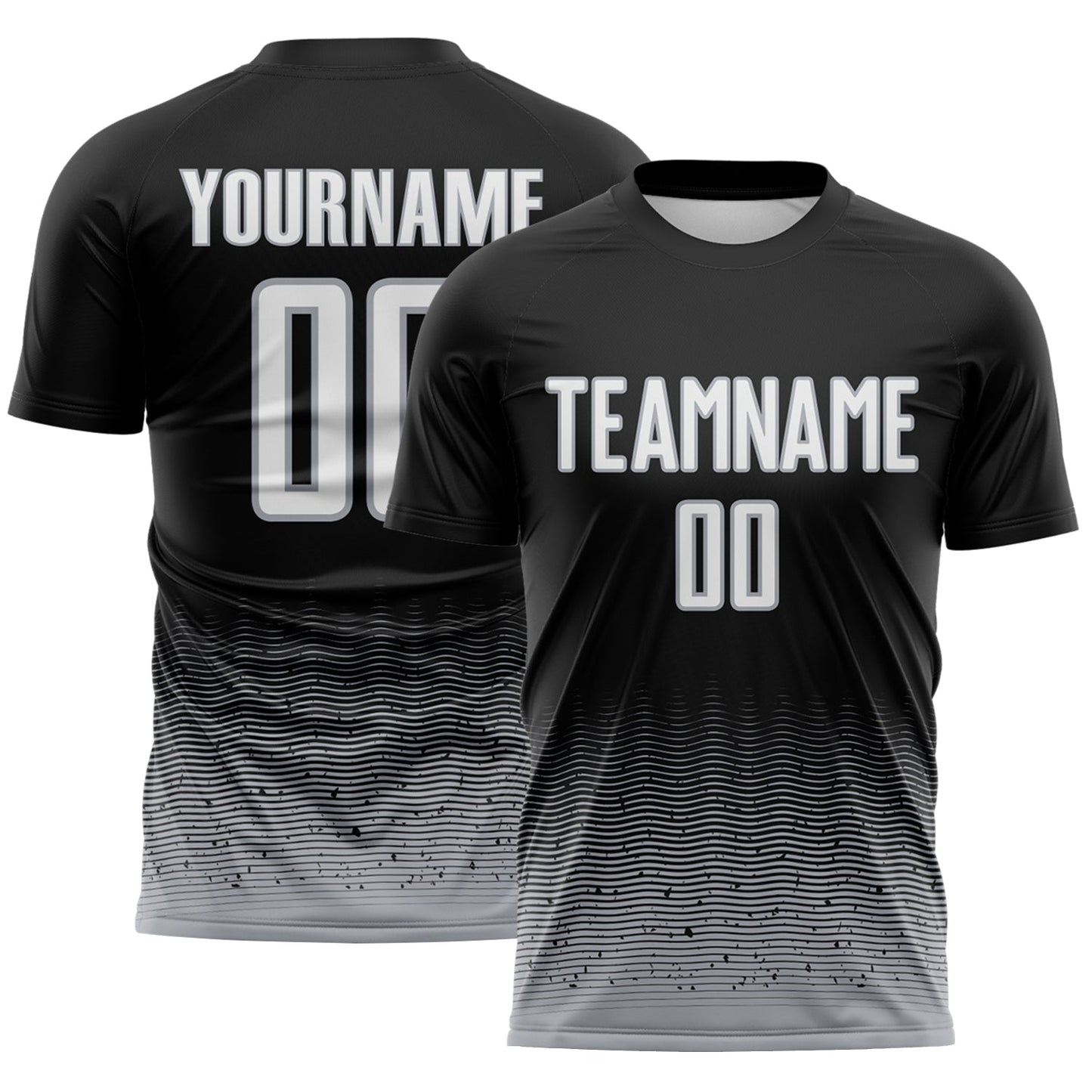 Custom Black White-Gray Fade Wave Lines Splatter Sublimation Soccer Uniform Jersey - Main View