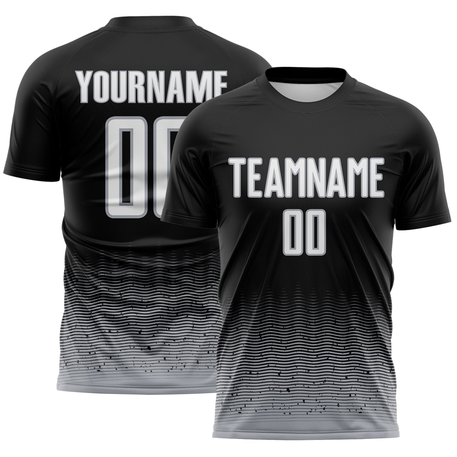 Custom Black White-Gray Fade Wave Lines Splatter Sublimation Soccer Uniform Jersey - Main View