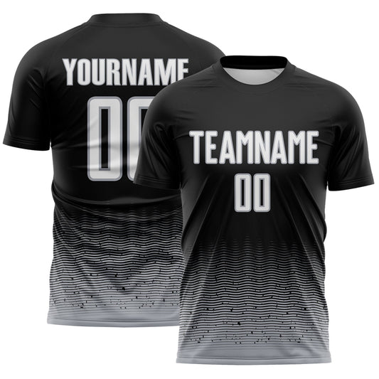 Custom Black White-Gray Fade Wave Lines Splatter Sublimation Soccer Uniform Jersey - Main View