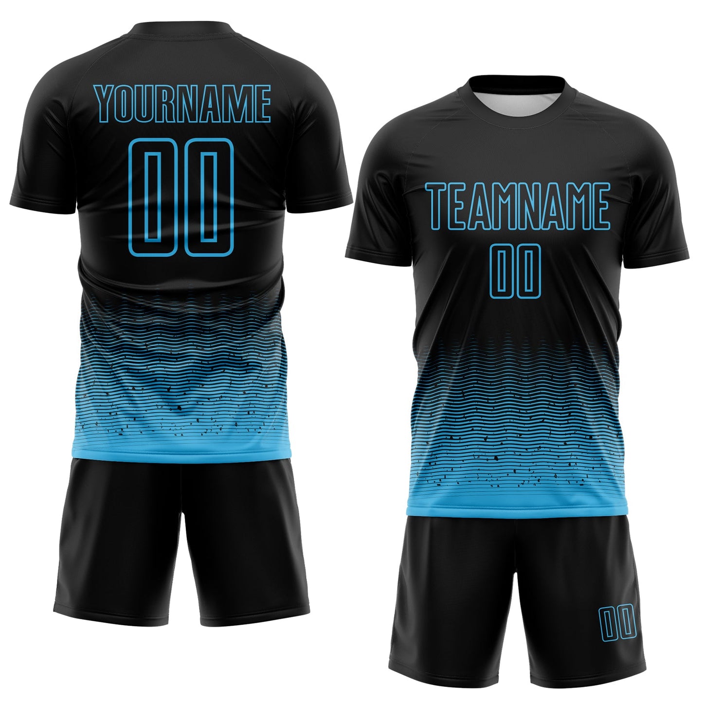 Custom Black-Sky Blue Fade Wave Lines Splatter Sublimation Soccer Uniform Jersey view 2