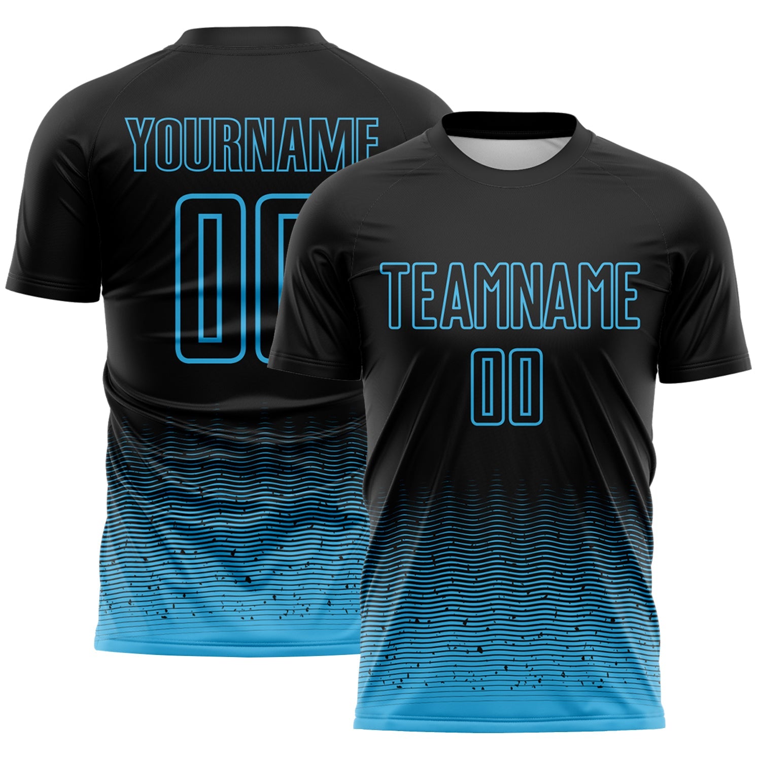 Custom Black-Sky Blue Fade Wave Lines Splatter Sublimation Soccer Uniform Jersey - Main View
