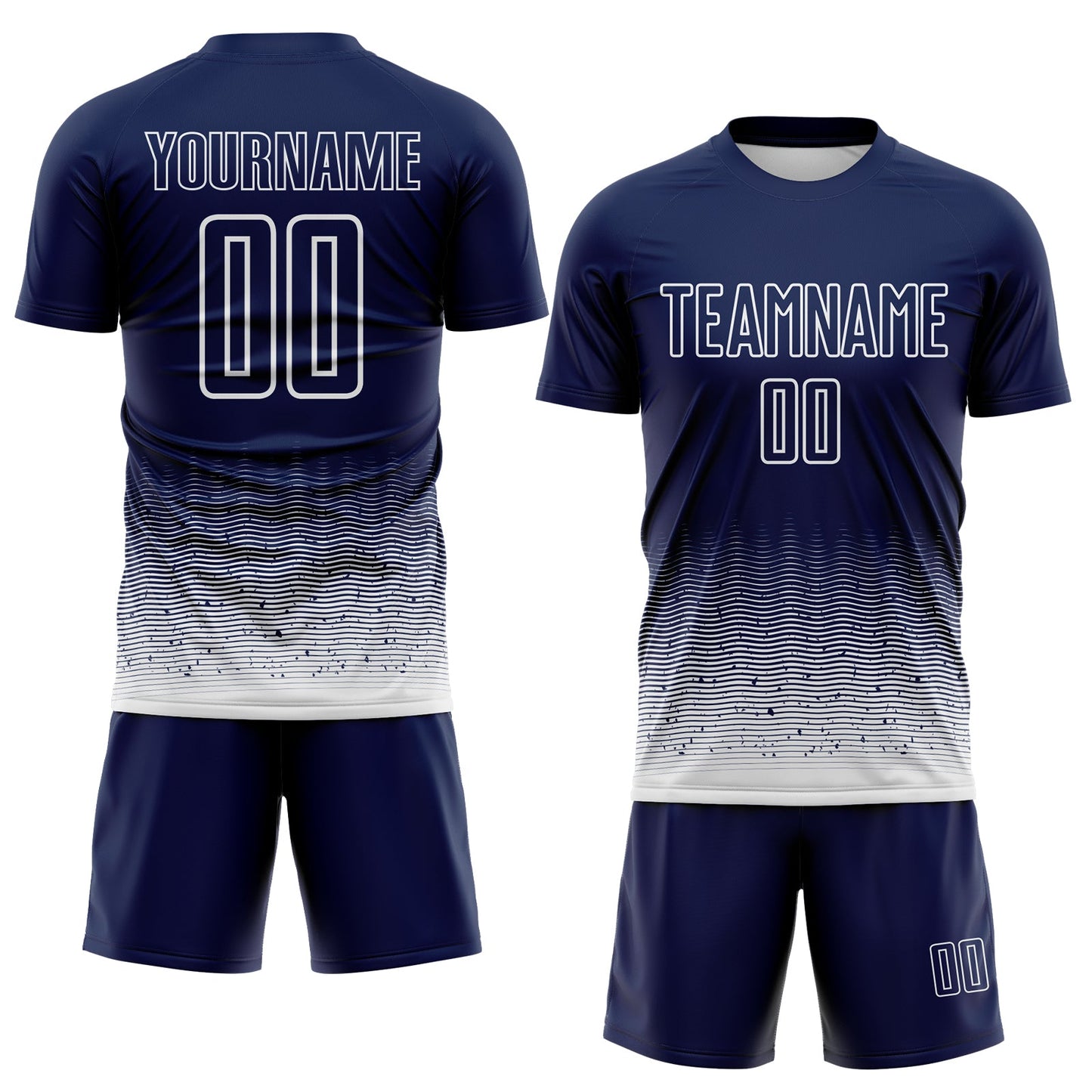 Custom Navy-White Fade Wave Lines Splatter Sublimation Soccer Uniform Jersey view 2
