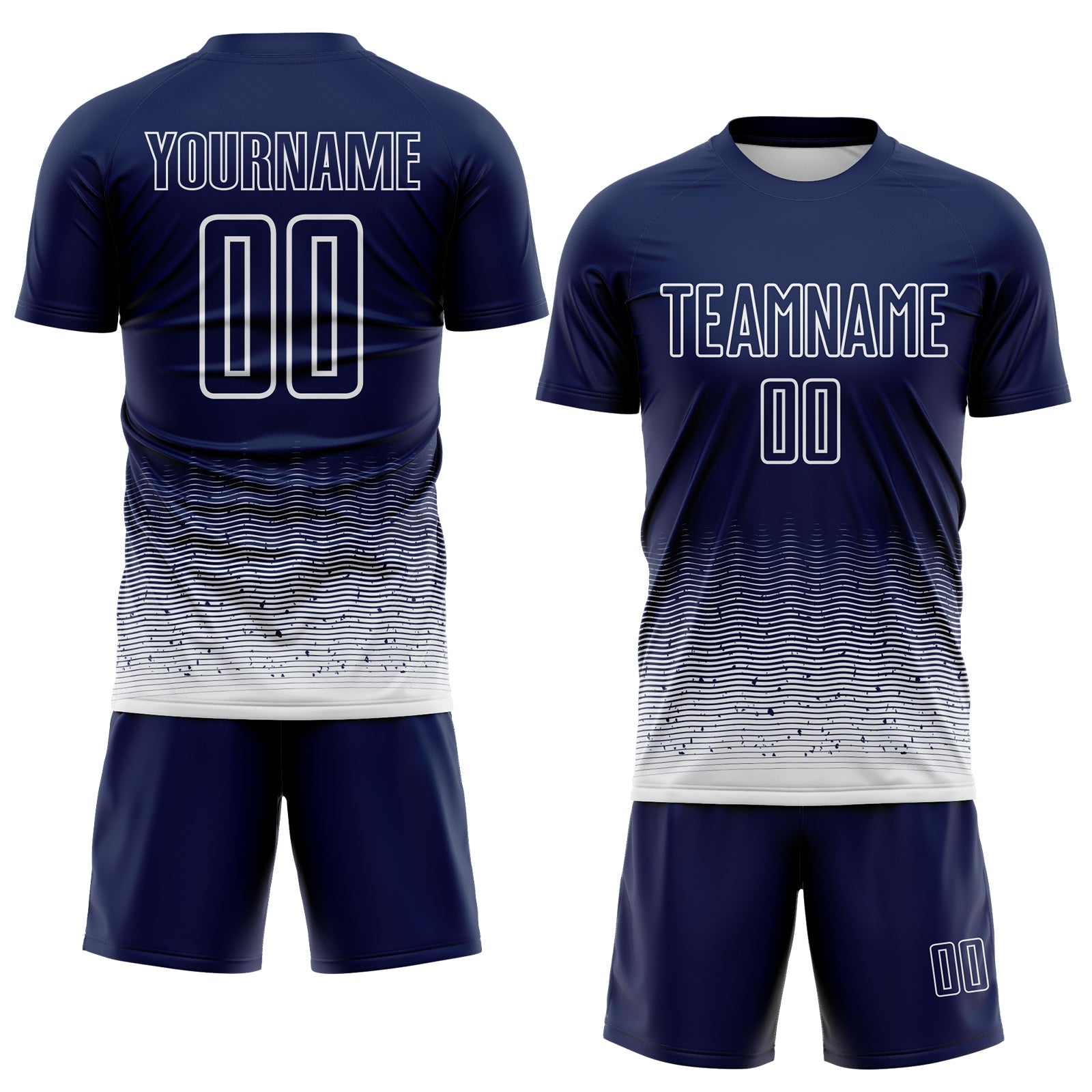 Custom Navy-White Fade Wave Lines Splatter Sublimation Soccer Uniform Jersey view 2