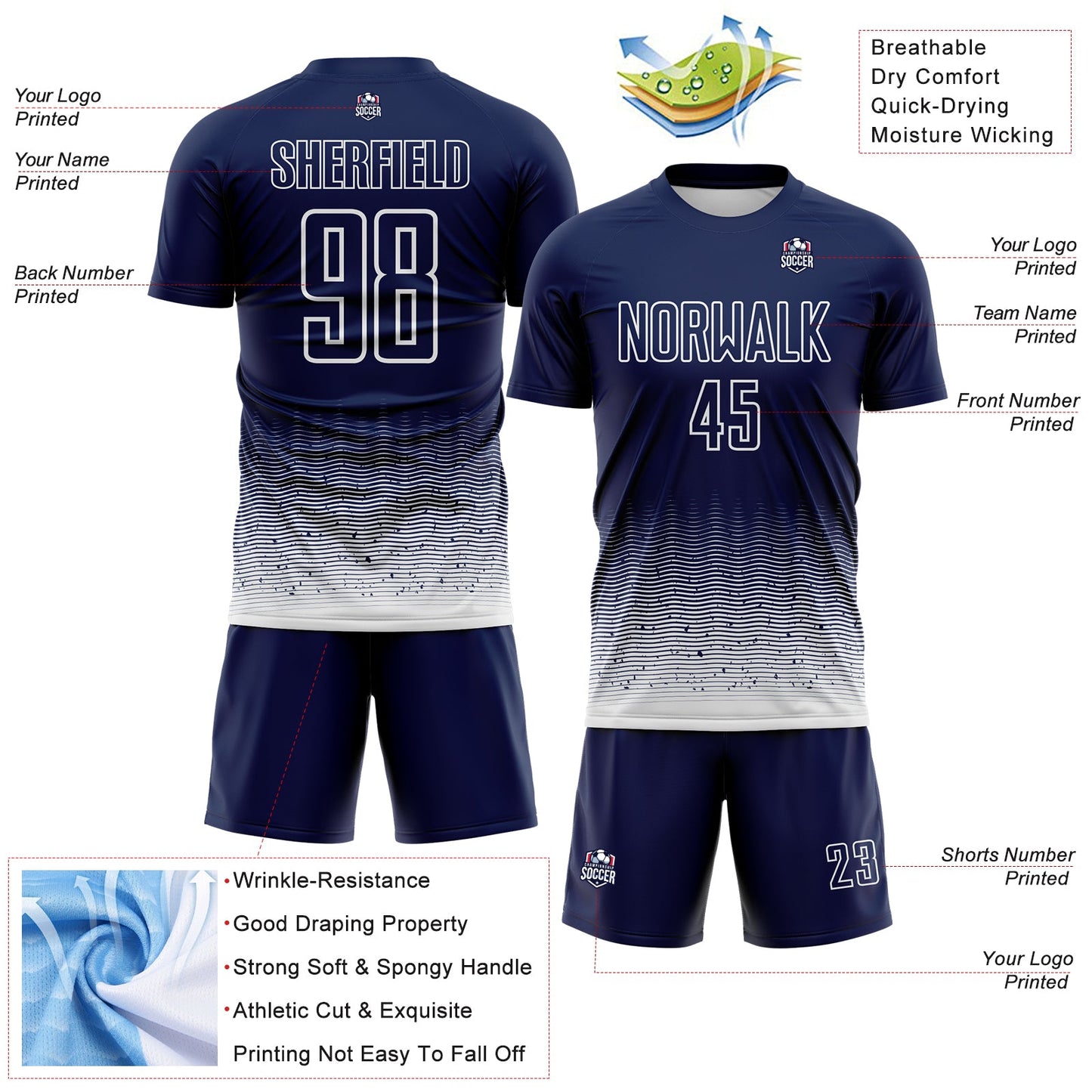 Custom Navy-White Fade Wave Lines Splatter Sublimation Soccer Uniform Jersey view 4
