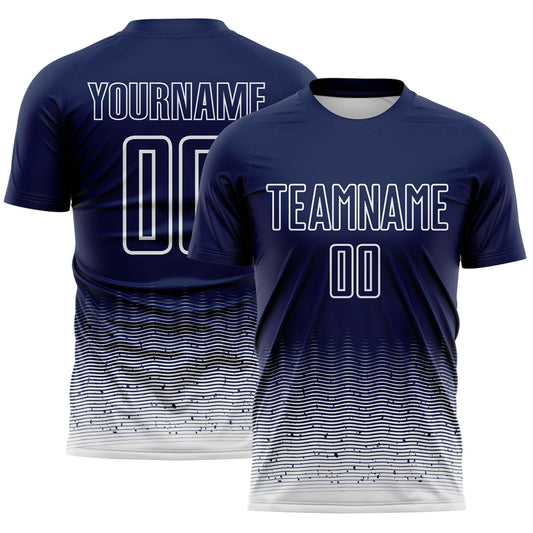 Custom Navy-White Fade Wave Lines Splatter Sublimation Soccer Uniform Jersey - Main View