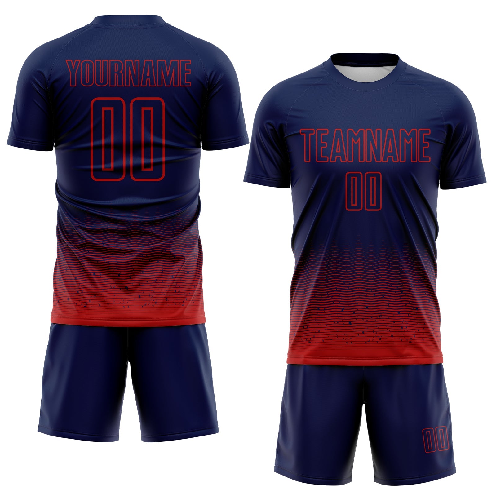 Custom Navy-Red Fade Wave Lines Splatter Sublimation Soccer Uniform Jersey view 2