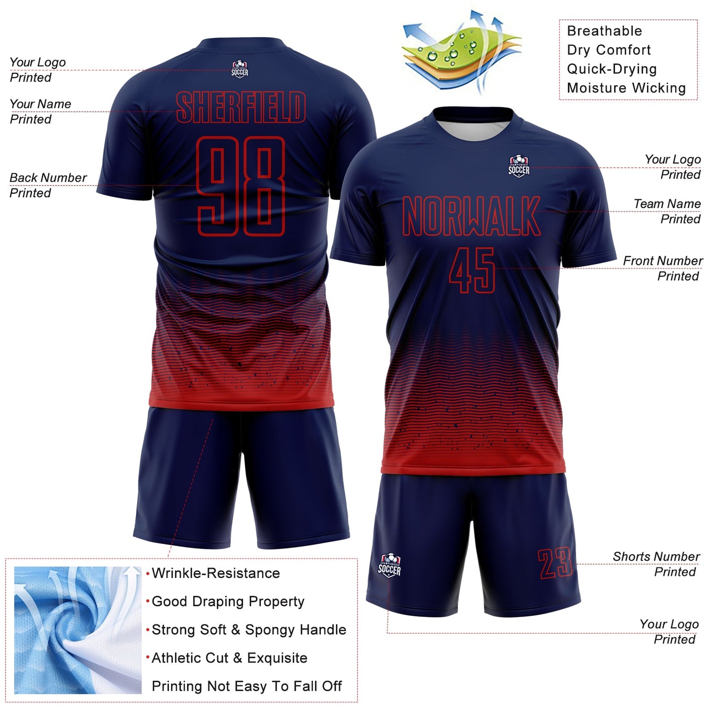 Custom Navy-Red Fade Wave Lines Splatter Sublimation Soccer Uniform Jersey view 4