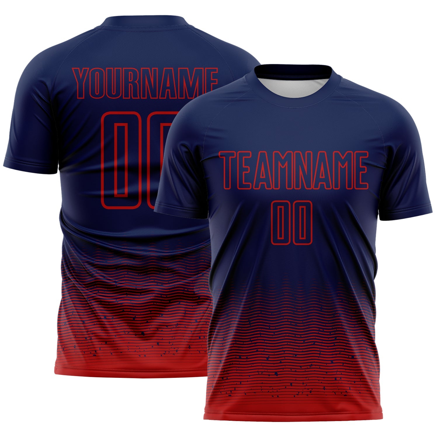 Custom Navy-Red Fade Wave Lines Splatter Sublimation Soccer Uniform Jersey - Main View