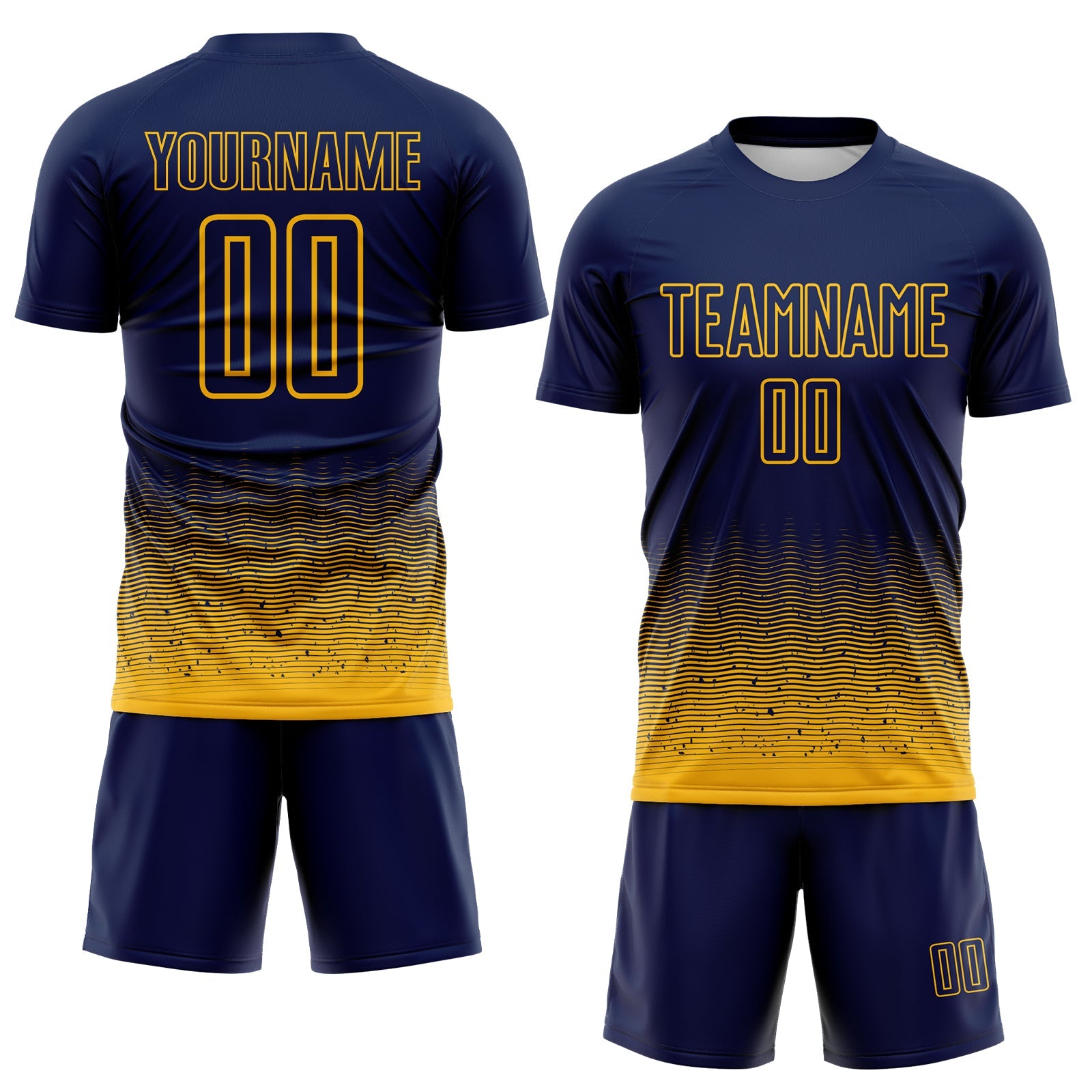 Custom Navy-Gold Fade Wave Lines Splatter Sublimation Soccer Uniform Jersey view 2