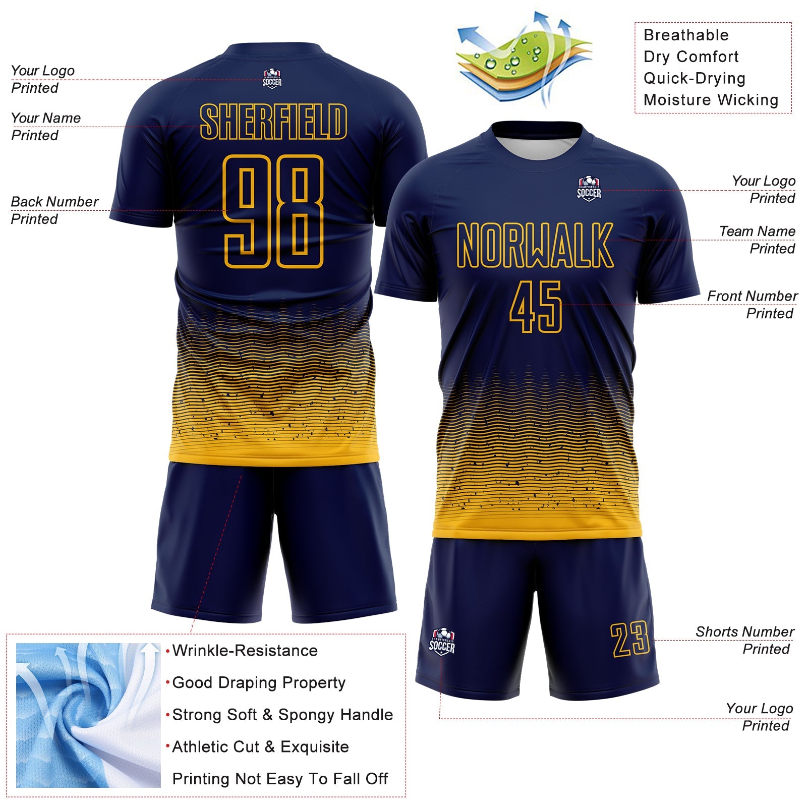 Custom Navy-Gold Fade Wave Lines Splatter Sublimation Soccer Uniform Jersey view 4