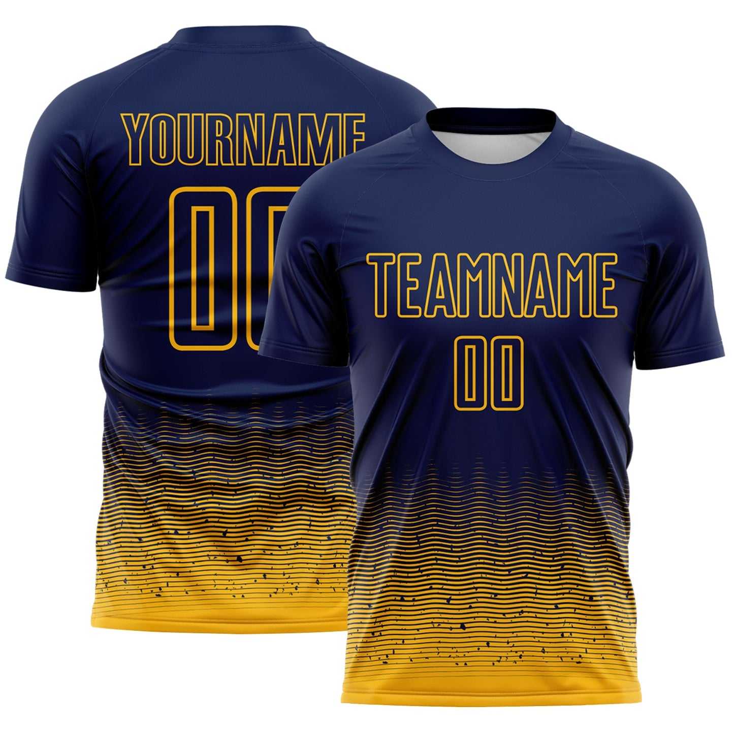 Custom Navy-Gold Fade Wave Lines Splatter Sublimation Soccer Uniform Jersey - Main View