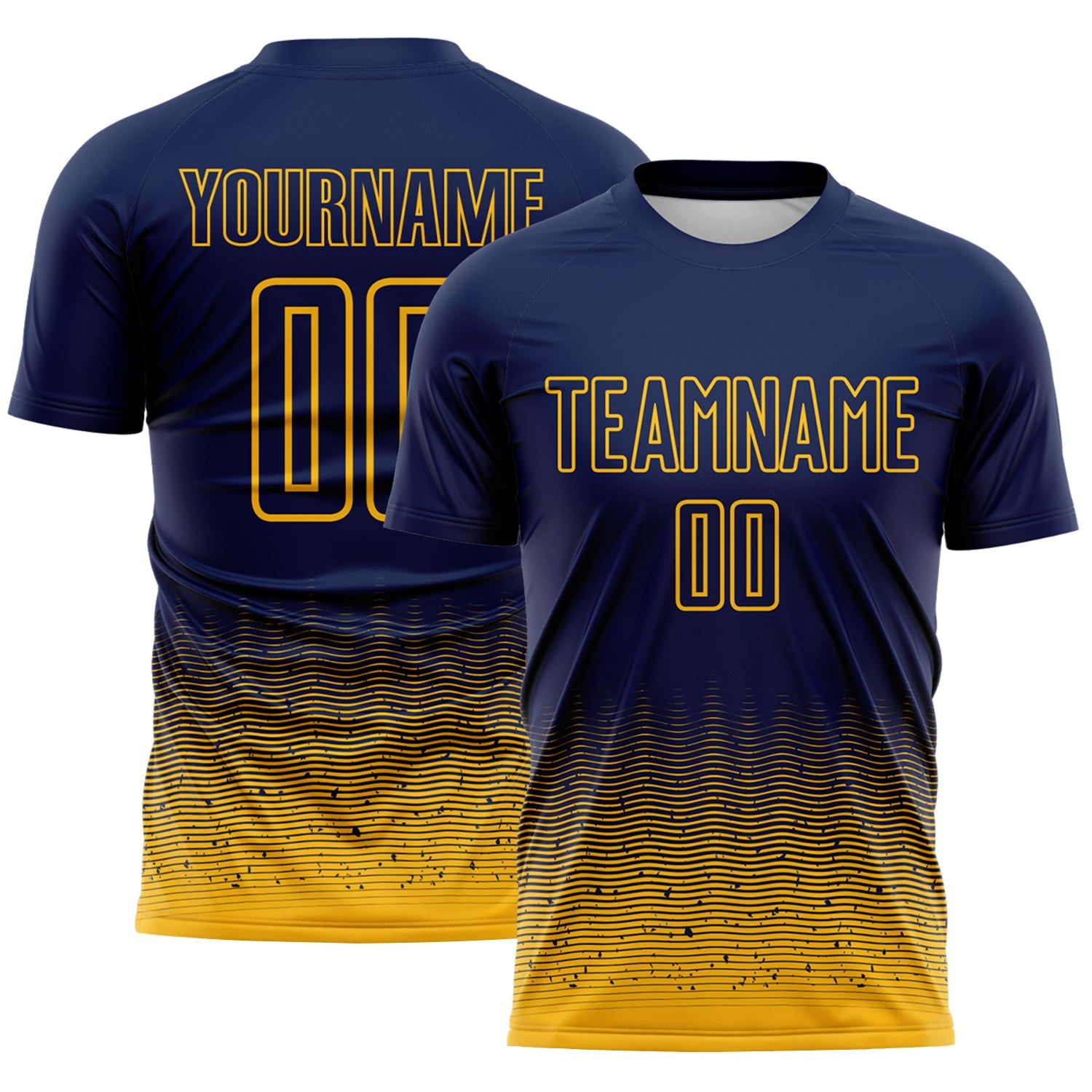 Custom Navy-Gold Fade Wave Lines Splatter Sublimation Soccer Uniform Jersey - Main View